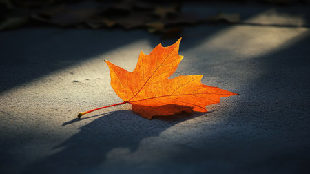 A close-up of a single fallen leaf on the ground with soft sunlight casting long shadows.の素材