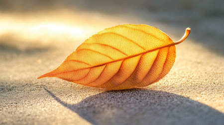 A close-up of a single fallen leaf on the ground with soft sunlight casting long shadows.の素材
