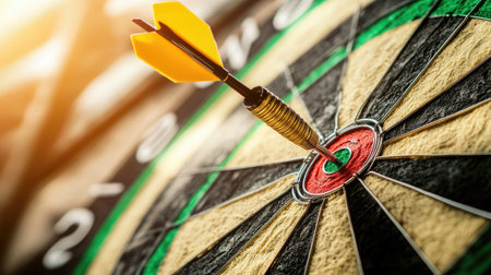 A dart hitting the bullseye on a target board, symbolizing precision and goal achievement.の素材
