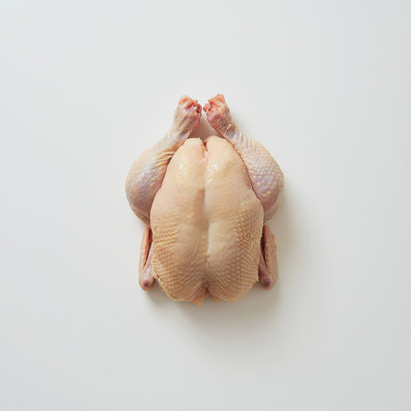 A raw whole chicken, fresh and plump, placed neatly on a white background.の素材