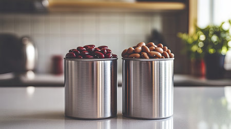 A can of beans and a can of chili sitting side by side on a clean kitchen counter, waiting to be used in a meal.の素材