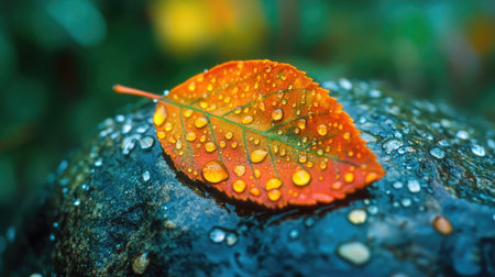 A close-up of a wet leaf resting on a rock, reflecting the surrounding greenery in the water droplets.の素材