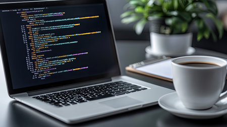 A modern workspace with a laptop displaying lines of code, a coffee cup, and a notepad, symbolizing software development.の素材