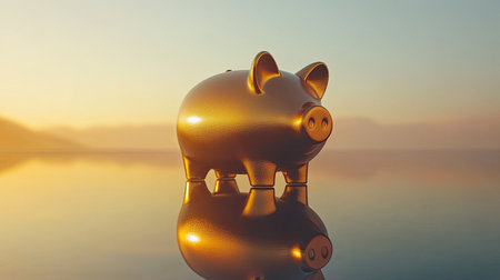 A D render of a golden piggy bank placed on a reflective surface with soft lighting, symbolizing savings and financial security.の素材