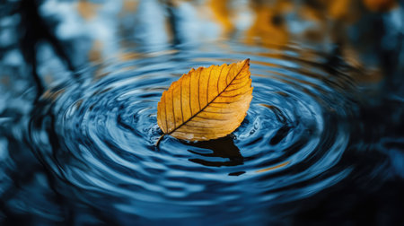 A close-up shot of a leaf floating gently on a calm pond, with reflections and ripples surrounding it.の素材