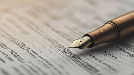 A close-up of a financial newspaper with a fountain pen resting on it, symbolizing market analysis.の素材
