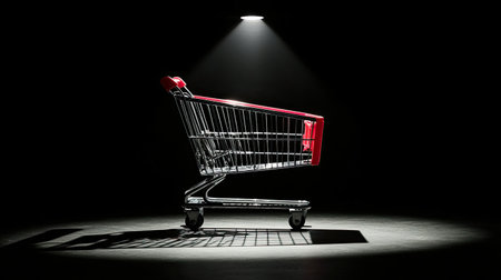 A dark background with a spotlight illuminating a single shopping cart, symbolizing retail focus.の素材