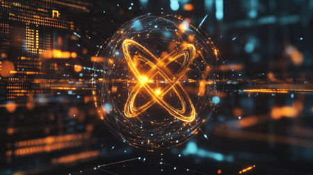 A conceptual rendering of quantum computing with glowing atoms and data streams.の素材