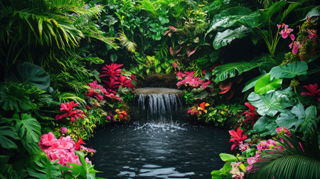 A peaceful corner of a garden with a small water feature surrounded by lush plants and vibrant flowers.の素材