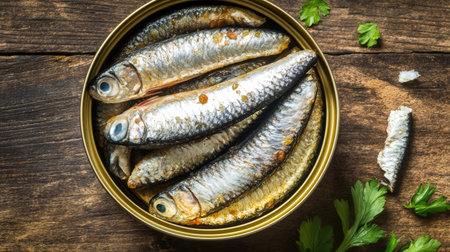 A close-up of a can of processed sardines on a rustic wooden table, with a few pieces spread out beside it.の素材