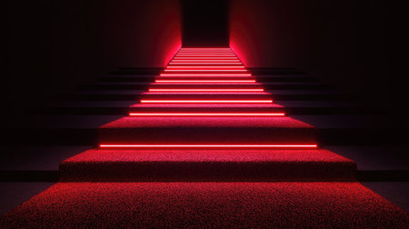 A concept of a red carpet leading to a glowing finish line, symbolizing achievement.の素材