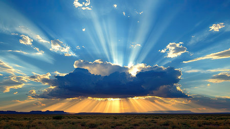 A dramatic cloud formation over a vast desert, with rays of sunlight breaking through.の素材
