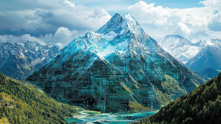 A conceptual blend of a mountain and a circuit board, illustrating the fusion of nature's strength and technology's precision.の素材