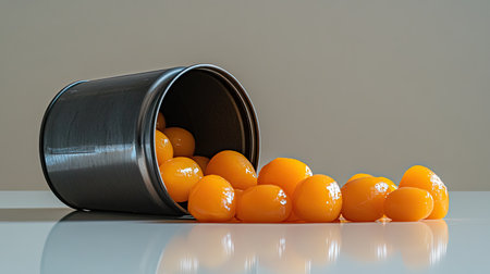 A clean, minimalist shot of an opened can of canned peaches, the fruit gently spilling out on a white surface.の素材