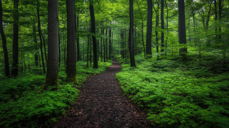 A lush woodland scene with thick green foliage, tall trees, and a pathway covered with soft moss and leaves.の素材
