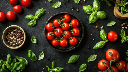 A flat-lay shot of a can of tomatoes surrounded by basil leaves and other ingredients, with room for recipe details.の素材