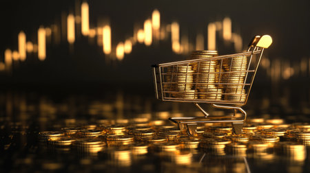 A conceptual image of financial charts and golden coins forming a shopping cart shape.の素材