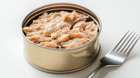 A fresh can of processed tuna with a fork beside it, placed on a clean, white surface with ample space for product details.の素材