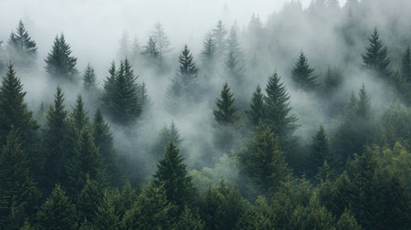 A dense, foggy evergreen forest with towering trees and a blanket of mist, creating a serene, calming atmosphere.の素材