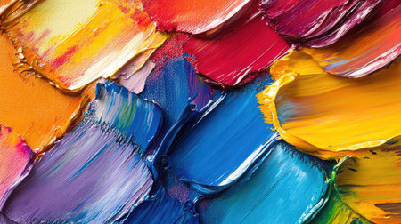 A close-up of vibrant oil paints mixing together, creating bold and striking color combinations.の素材