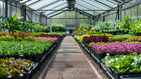 A modern greenhouse with diverse plant species undergoing crossbreeding, showcasing innovation in plant breeding.の素材