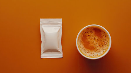 A top-down shot of a cup of instant soup beside the empty soup mix packet, with space for additional product details.の素材