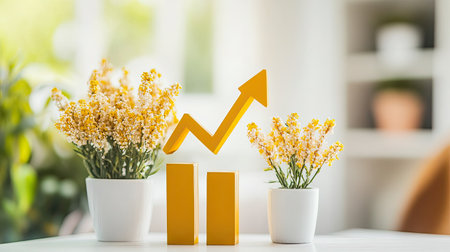 A rising bar graph with a golden arrow indicating profit growth and strong financial performance.の素材