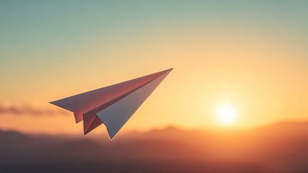 A paper airplane soaring into the sky against a sunset, symbolizing ambition and growth.の素材