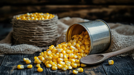 A can of sweet corn opened with kernels spilling out, placed on a rustic kitchen table with a wooden spoon.の素材