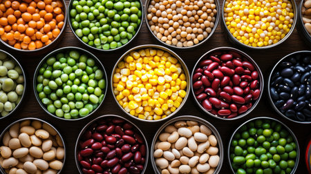 A collection of canned beans, corn, and peas arranged neatly on a kitchen table, with space for text or labels in the center.の素材