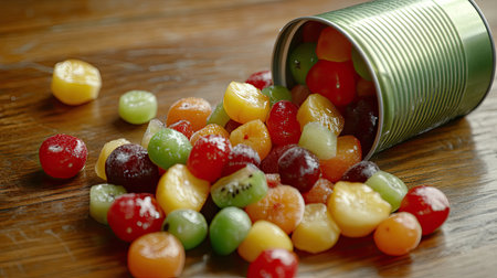 A close-up of an opened can of fruit cocktail, spilling over with colorful fruits, sitting on a wooden table.の素材