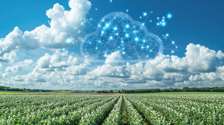 A cloud-connected farm with AI-driven analytics displayed on a digital interface.の素材