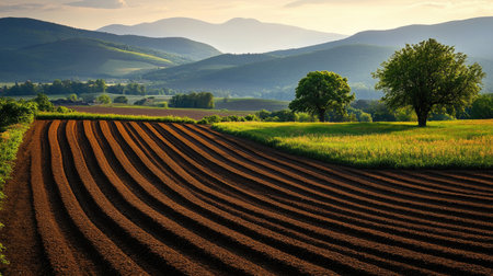 A farmer's field with furrows evenly filled with organic compost for soil enrichment.の素材