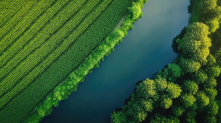 A farm pond surrounded by green crops, serving as a natural water source for sustainable irrigation.の素材