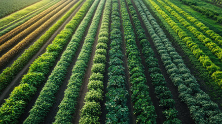 A field of crops with varying growth stages, representing different plant breeding results from genetic experiments.の素材