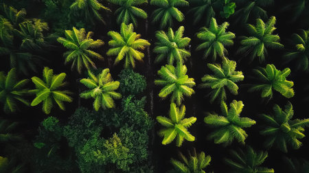 A high-angle view of a cocoa farm with young plants neatly planted in shaded areas.の素材