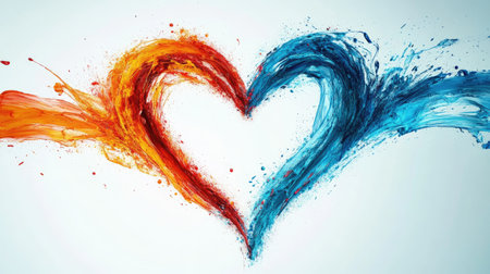 A dynamic wave of colors blending into a heart shape, symbolizing the merging of emotions and logic in creative solutions.の素材