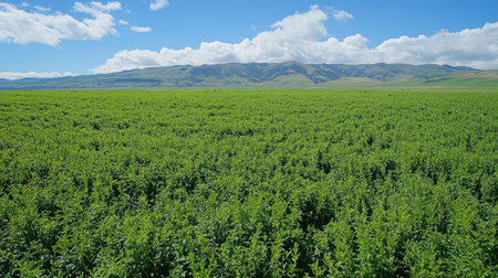 A lush field of organic alfalfa, swaying in the breeze, ready for harvest as natural livestock feed.の素材