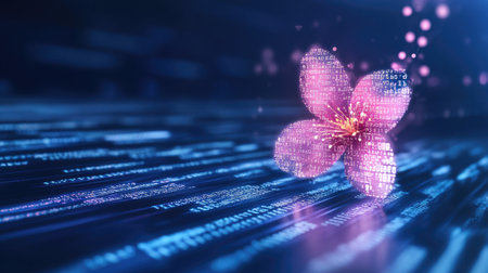 A futuristic blend of code transforming into a flower, symbolizing the connection between technology and organic growth in ideas.の素材