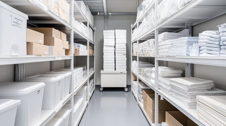 A clean medical supply storage room with neatly arranged boxes, sterile gloves, and white shelving.の素材