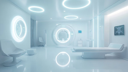 A diagnostic imaging room with an MRI scanner, clean white walls, and soft blue ambient lighting. Futuristic and sterile.の素材