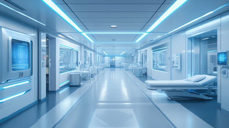 A futuristic clinic design with glass partitions, white surfaces, and ambient blue lighting. High-tech and sterile.の素材
