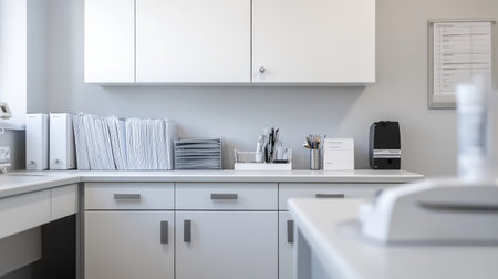 A clean and minimalistic clinic storage room with white cabinets, medical files, and neatly arranged tools.の素材