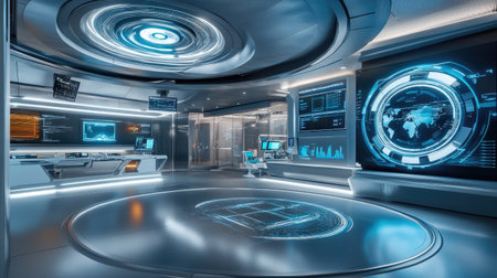 A futuristic emergency response room with smart medical devices, diagnostic monitors, and a high-tech layout.の素材