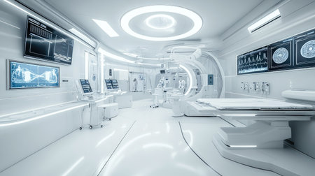 A futuristic healthcare environment with smart medical devices, white surfaces, and digital monitors.の素材