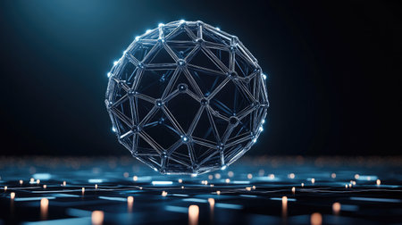 A floating digital sphere made of interconnected glowing hexagons, symbolizing future technology.の素材
