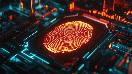 A glowing digital fingerprint scan, symbolizing futuristic biometric security technology.の素材