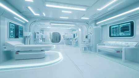 A futuristic medical innovation lab with white touchscreens, holographic diagnostics, and sterile equipment.の素材
