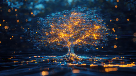 A glowing digital tree made of interconnected circuits, symbolizing the future of artificial nature.の素材