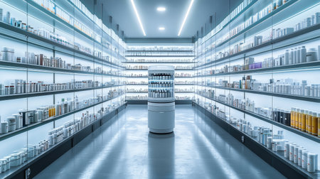 A futuristic pharmacy with robotic dispensers, automated medicine shelves, and a high-tech sterile environment.の素材